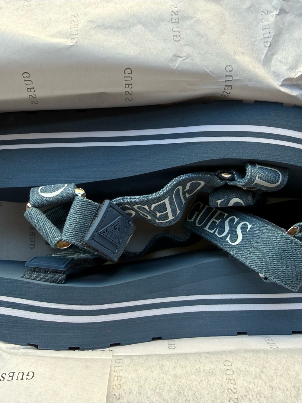 Guess Blue Denim-Style Platform Sandals with Logo Straps